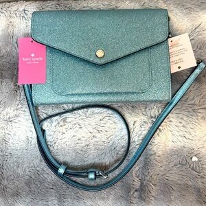 Kate Spade NWT Flap Crossbody Purse Designer handbag Glitter Sparkle Frost Blue